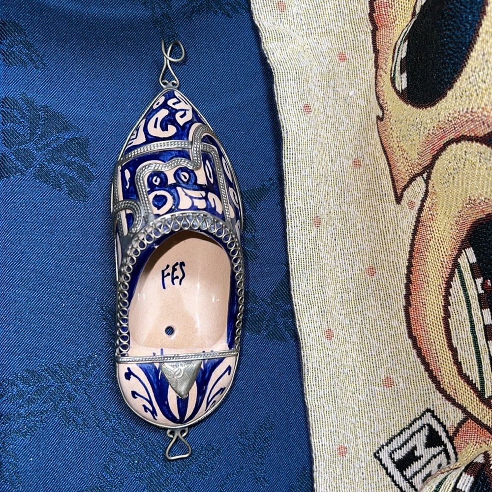 Vintage Blue Moroccan Ceramic Shoe Wall Hanging